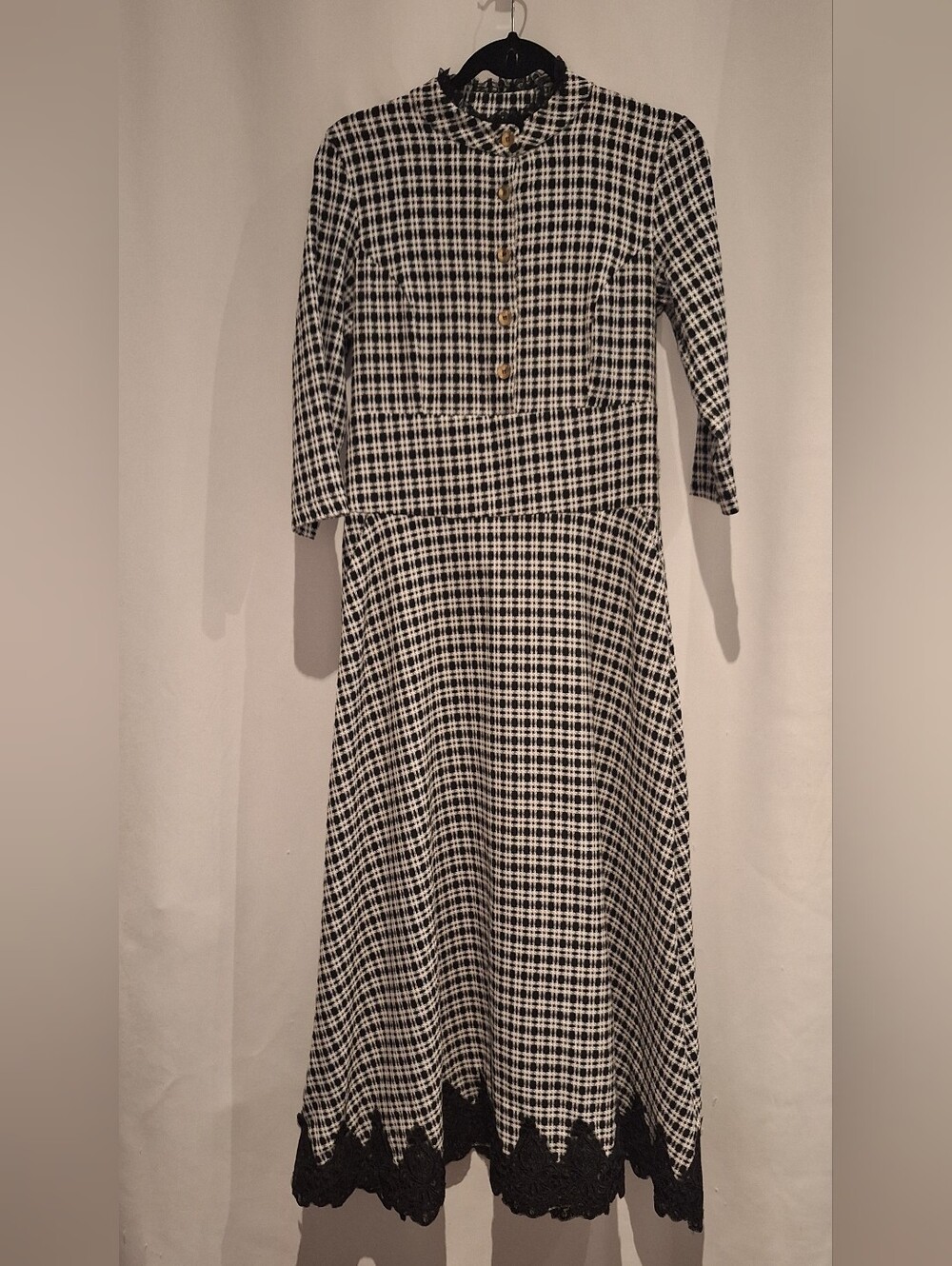 Norm Black & White Plaid Houndstooth Midi Dress with Lace Hem